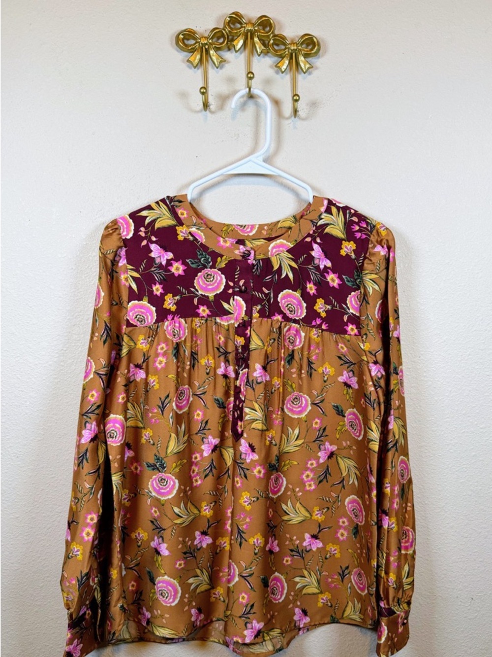 LOFT Mustard and Burgundy Floral Long-Sleeve Blouse